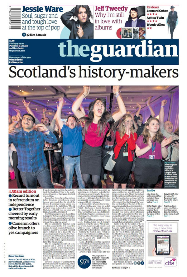 英各大報紙頭條報道獨立失敗 蘇格蘭依舊不服