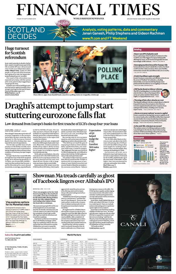 英各大報紙頭條報道獨立失敗 蘇格蘭依舊不服