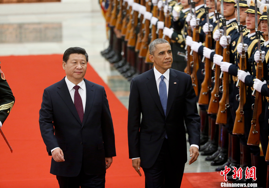 11月12日,國家主席習近平在人民大會堂舉行歡迎儀式,歡迎美國總統奧巴馬對中國進行國事訪問。