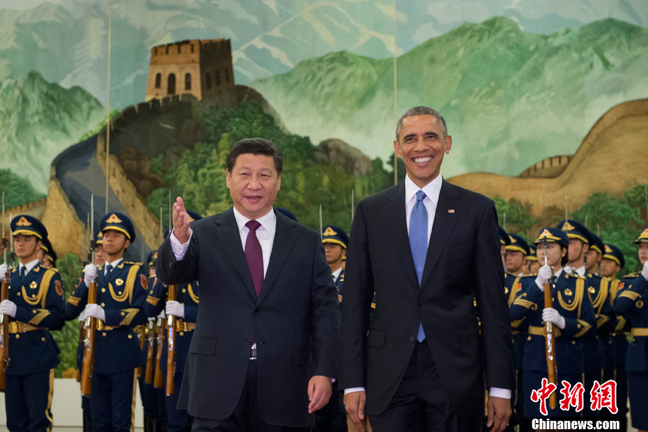 11月12日,國家主席習近平在人民大會堂舉行歡迎儀式,歡迎美國總統奧巴馬對中國進行國事訪問。