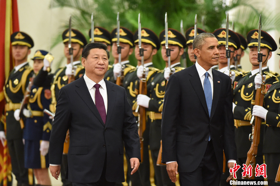 11月12日,國家主席習近平在人民大會堂舉行歡迎儀式,歡迎美國總統奧巴馬對中國進行國事訪問。